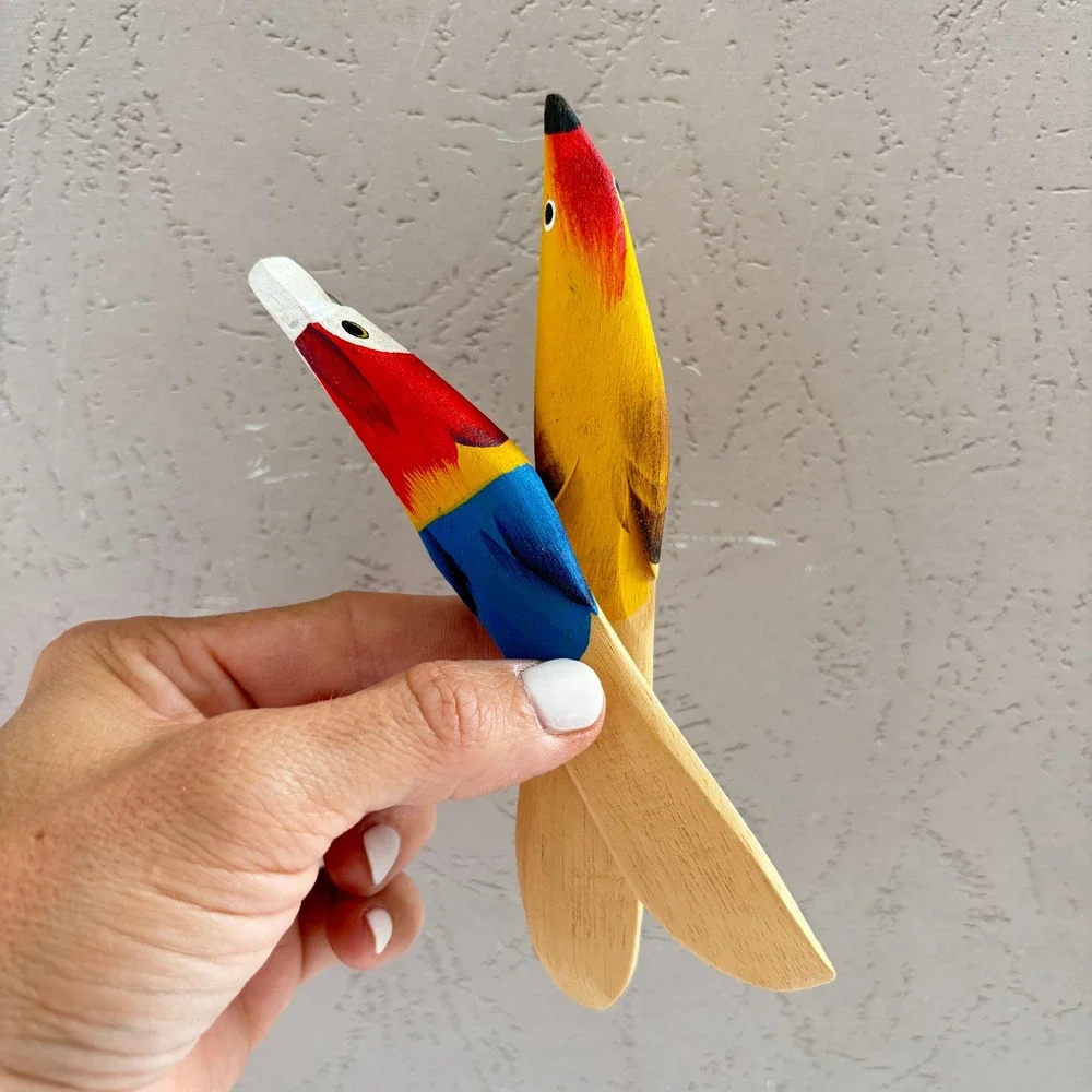 Vintage Hand Painted Wooden Bird Butter Knives Parrot Folk Art Spreaders Set 2